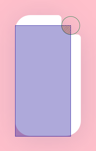An element with white background highlighting a big blue square with a circle cut out of its corner